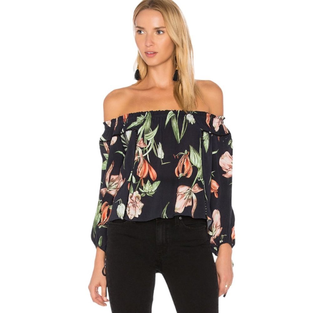 ASTR The Label Chavelle Floral Top Tie Sleeve Off Shoulder Size Small